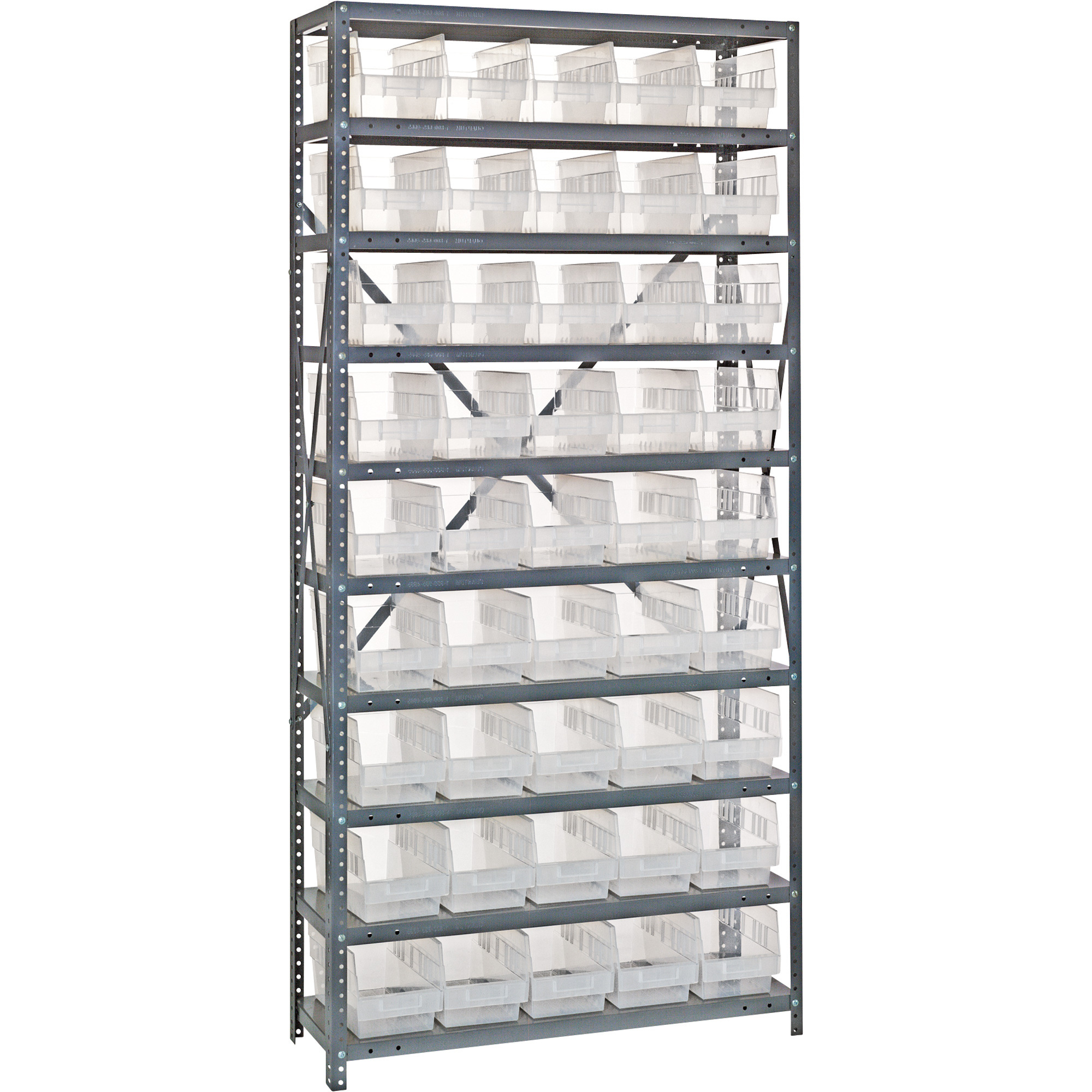 Quantum Steel Complete Shelving System with Clear Bins, 36in.W x 12in.D x 75in.H, Includes 45 11 5/8in.W x 6 5/8in.D x 6in.H Bins, Model# 1275-202CL